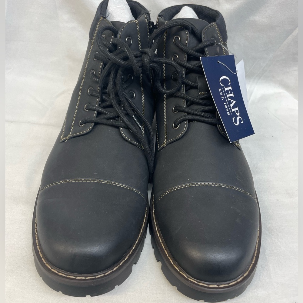 NEW!!! Chaps Men's Black faux Leather lace & zip side combat Boots sz 11.5